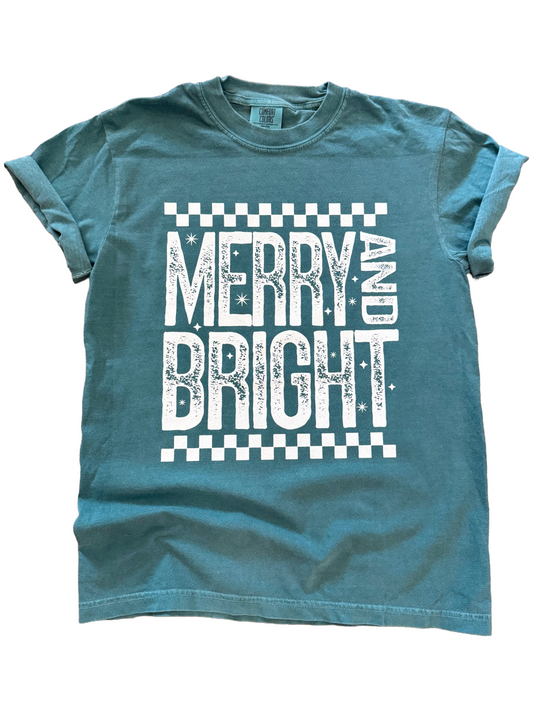 Merry and Bright – Retro Checkered Christmas Tee