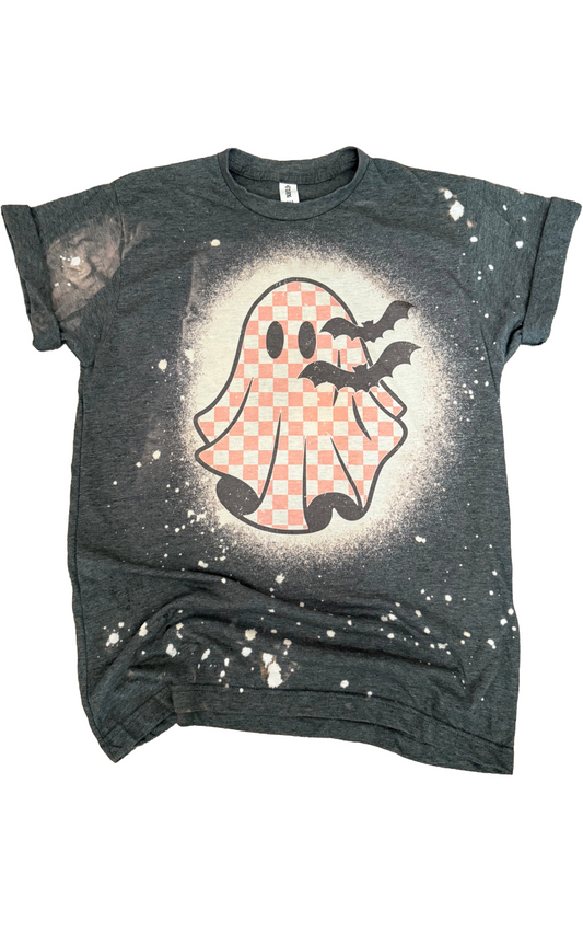 Checkered Ghost + Bats Dark Version Halloween Bleached Tee