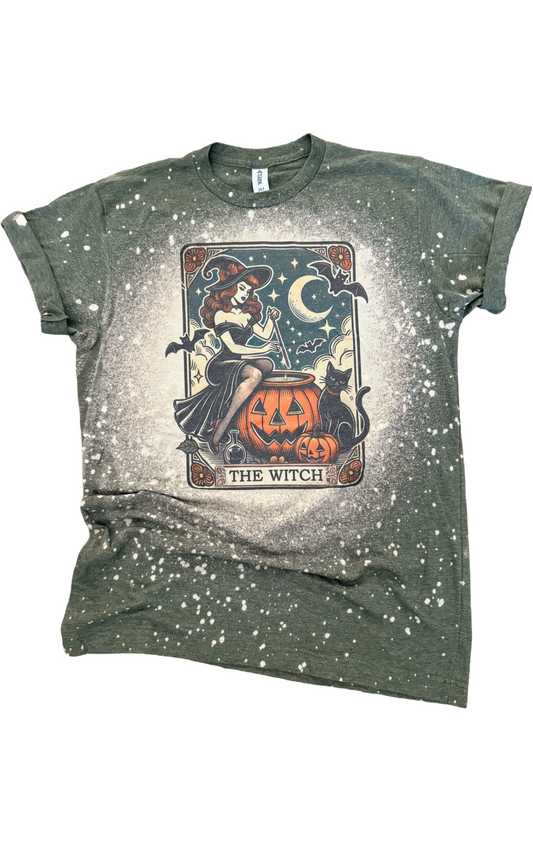 The Witch and Black Cat Tarot Bleached Halloween Tee