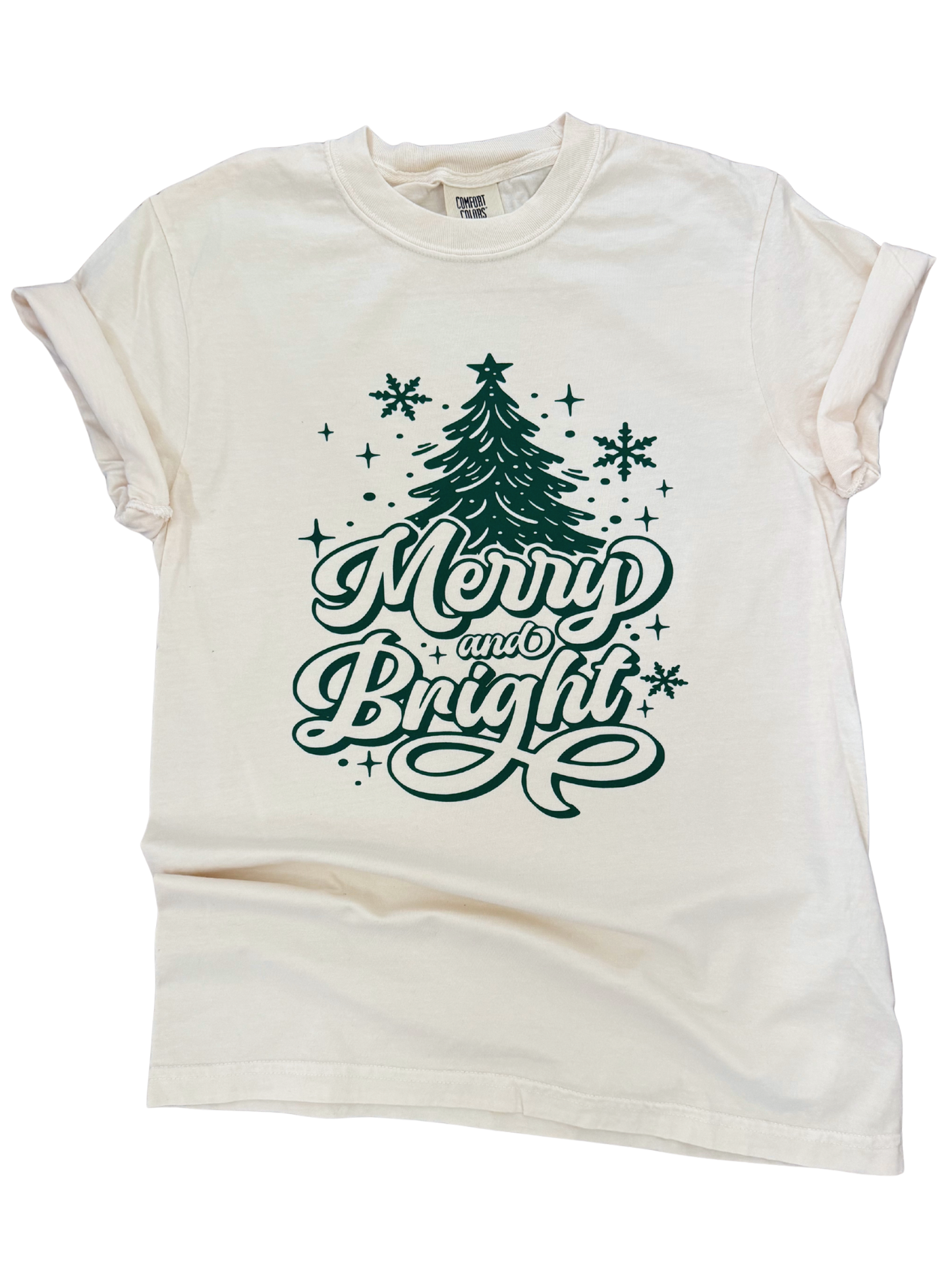 Merry + Bright Script – Whimsical Christmas Tree Tee