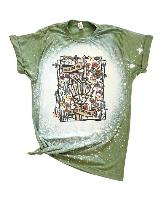 Good Energy is Contagious Skeleton Floral Bleached Tee