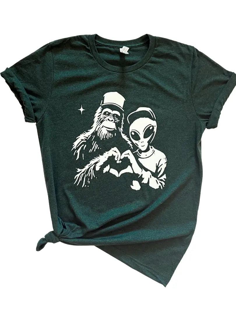 Bigfoot & Alien Heart Hands Tee – Cosmic Love Shirt