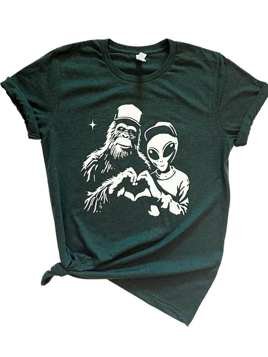 Bigfoot & Alien Heart Hands Tee – Cosmic Love Shirt